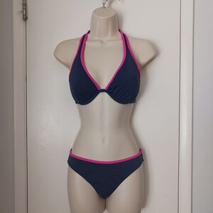 Victoria’s Secret Bikini Set 34D Halter Top XS Bottom Navy/Pink Swimwear New